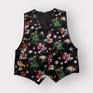 Vintage 1990s black satin Loony Toons Christmas motif vest size small